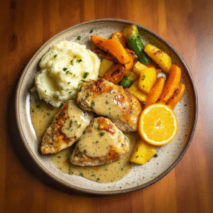 Orange-Glazed Chicken with Veggie Medley & Mash